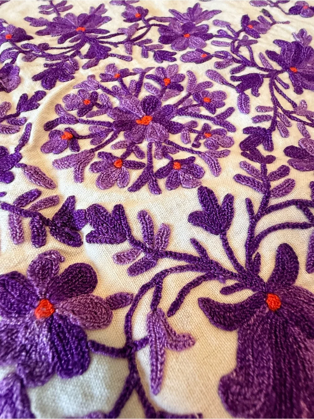 Embroidered Cream Table Linen with Violet Floral Design